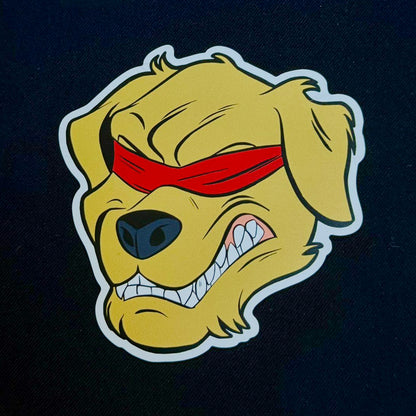 The image shows a magnet of the Halo Fight Gear logo on a black background. The magnet features a fierce golden retriever with bared teeth, wearing a red blindfold.