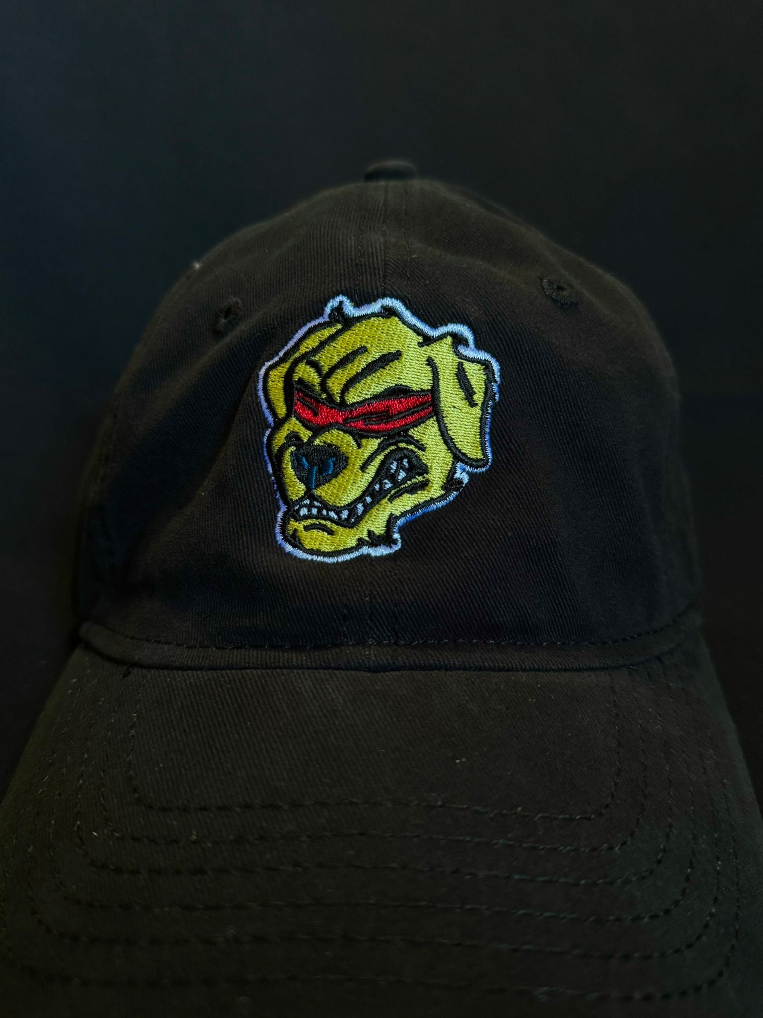 The image shows a black baseball cap with the Halo Fight Gear logo embroidered on the front. The logo depicts a fierce golden retriever with bared teeth, wearing a red blindfold.