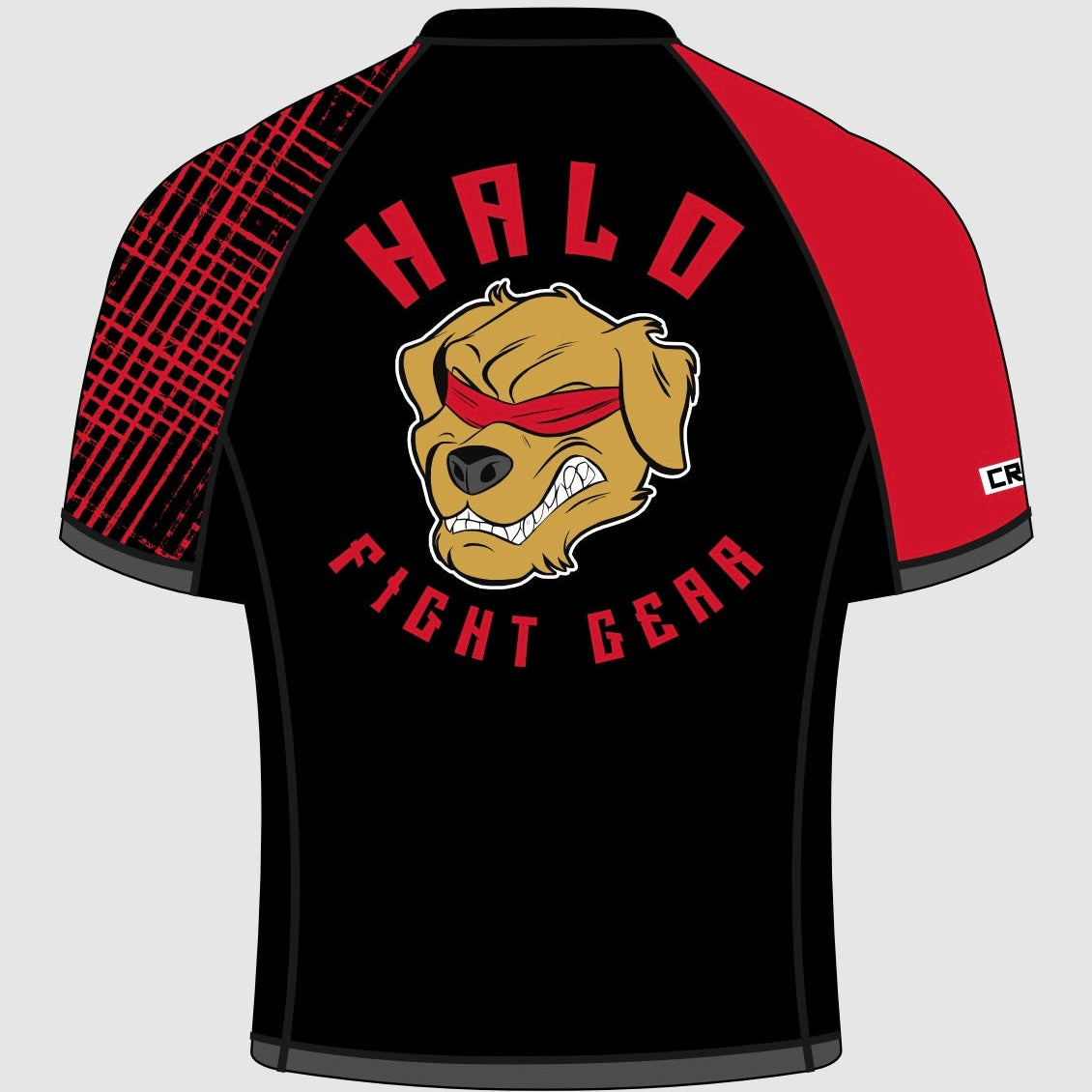 The image shows the back of a short-sleeved rash guard. The main body is black, with the right sleeve featuring a black and red criss cross pattern, and the left sleeve being solid red. In the center of the back, the Halo Fight Gear logo is displayed, showing a fierce golden retriever with bared teeth and wearing a red blindfold. Above the dog's head, "HALO" is written in bold red letters, and "FIGHT GEAR" appears below in matching red text.