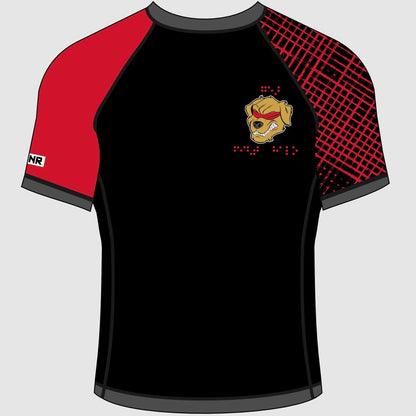 The image shows a short-sleeved rash guard with a black body and contrasting red and black sleeves. The left sleeve is solid red with grey trim, while the right sleeve is black with a red criss cross pattern. The collar and sleeve hems are grey. On the chest, the Halo Fight Gear logo is displayed, featuring a fierce dog's head wearing a red blindfold. Surrounding the dog's head is Braille that reads "Halo Fight Gear."