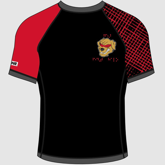 The image shows a short-sleeved rash guard with a black body and contrasting red and black sleeves. The left sleeve is solid red with grey trim, while the right sleeve is black with a red criss cross pattern. The collar and sleeve hems are grey. On the chest, the Halo Fight Gear logo is displayed, featuring a fierce dog's head wearing a red blindfold. Surrounding the dog's head is Braille that reads "Halo Fight Gear."