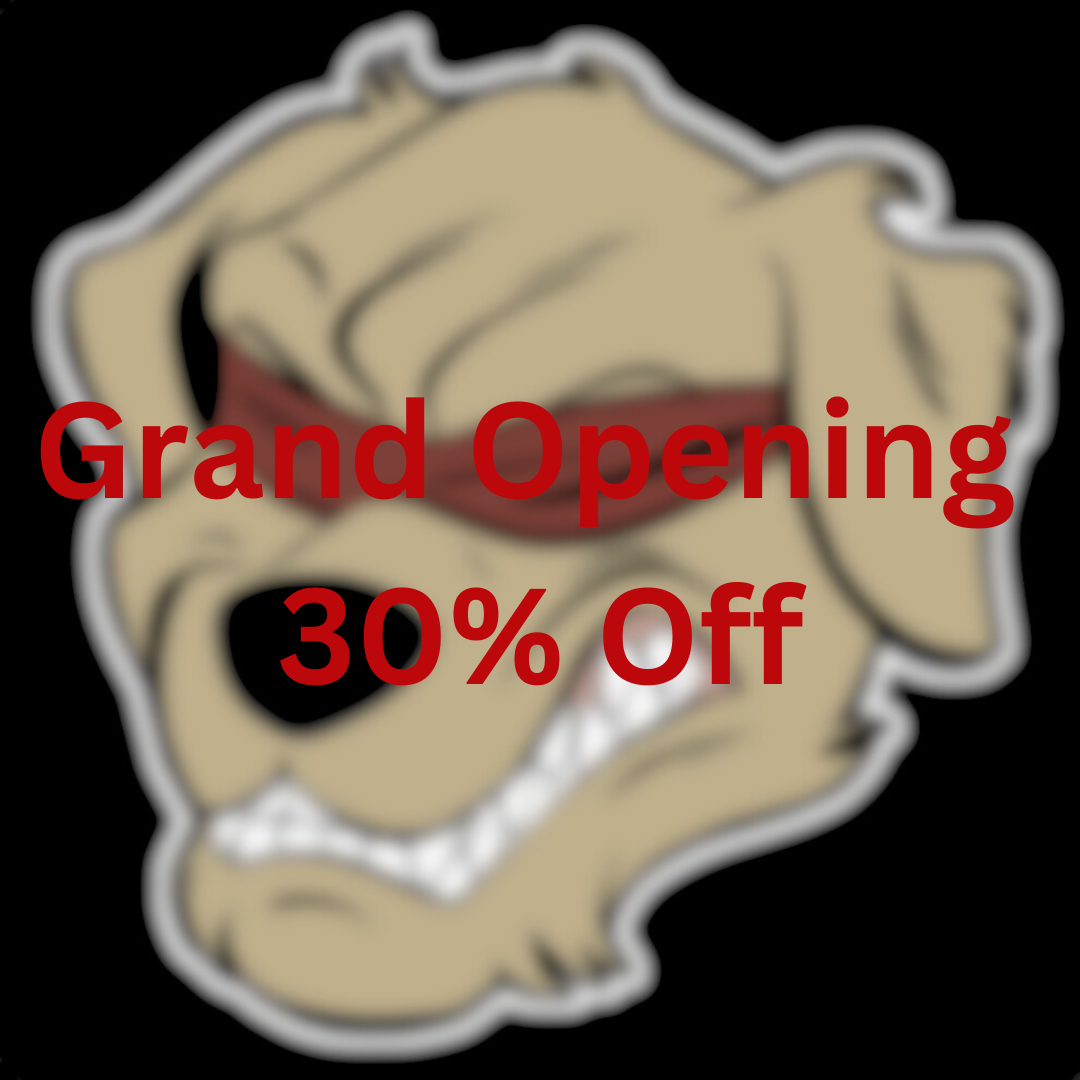 The image shows the Halo Fight Gear logo, a fierce dog's head wearing a red blindfold. Over the image is red bold text that reads “Grand Opening 30% off”