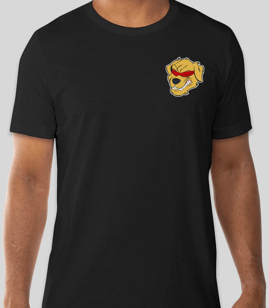 The image shows a black T-shirt with a small graphic on the left side of the chest. The graphic features the Halo Fight Gear logo, depicting a fierce golden retriever with bared teeth and wearing a red blindfold.