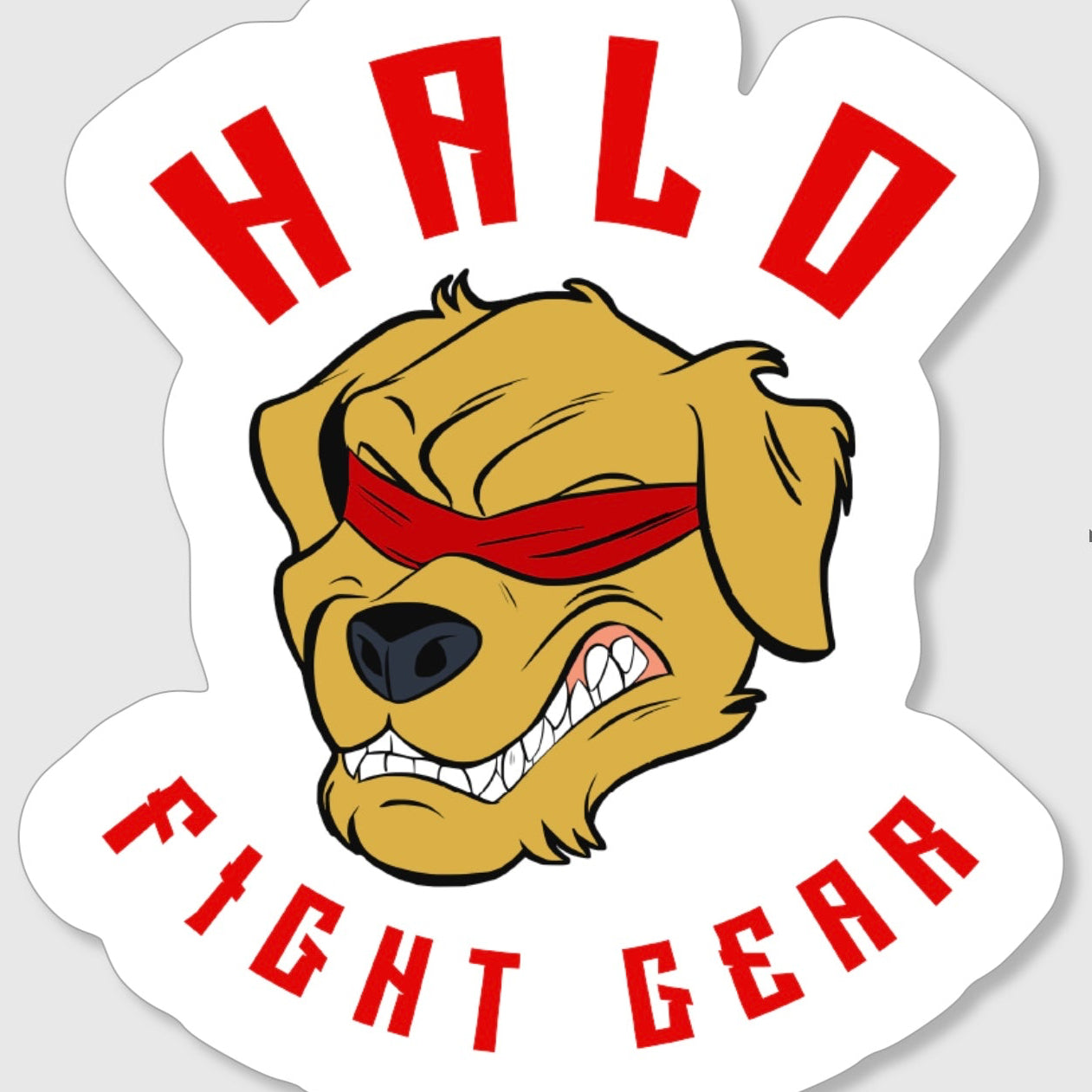 The image shows an illustration of the Halo Fight Gear Insignia Sticker on a white background. The sticker features the Halo Fight Gear logo, a fierce golden retriever with bared teeth and wearing a red blindfold. "HALO" is written in bold red letters above the dog's head, while "FIGHT GEAR" appears below, also in bold red letters.