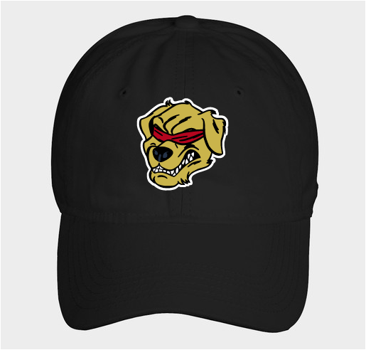 The image shows a black baseball cap with the Halo Fight Gear logo embroidered on the front. The logo depicts a fierce golden retriever with bared teeth, wearing a red blindfold. A white outline enhances the design, making it stand out against the black fabric.