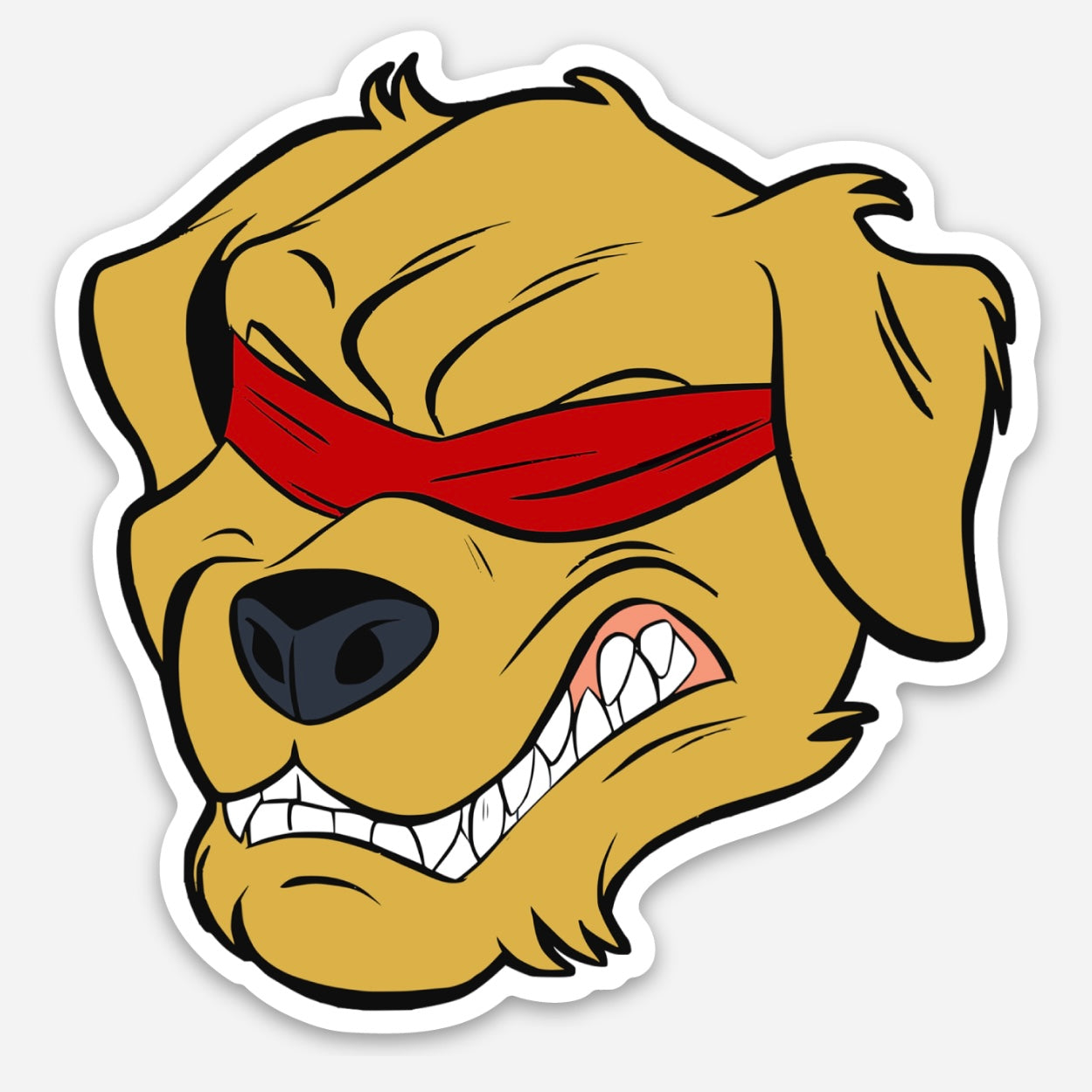 The image shows an illustration of the HFG Origins magnet on a white background. The magnet features a fierce golden retriever with bared teeth, wearing a red blindfold.