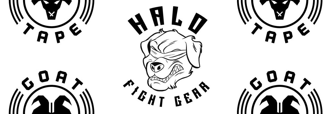 The image shows the print on the Halo Fight Gear X Goat Tape Athletic Tape. In the center is the Halo Fight Gear logo, featuring a fierce golden retriever wearing a blindfold, with "HALO" above and "FIGHT GEAR" below in bold, angular font. Surrounding this are four Goat Tape logos, each featuring a goat head inside a circle, with "GOAT" above and "TAPE" below, also in bold, angular font.