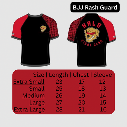 The image shows a sizing chart for the short sleeve rash guard. An extra small has a length of 23, chest width of 17, and sleeve length of 12. small has a length of 25, chest width of 18, and sleeve length of 13. A medium has a length of 26, chest width of 19, and sleeve length of 14. A large has a length of 26, chest width of 20, and sleeve length of 15. An extra large has a length of 28, chest width of 21, and sleeve length of 16. The measurement is in inches.